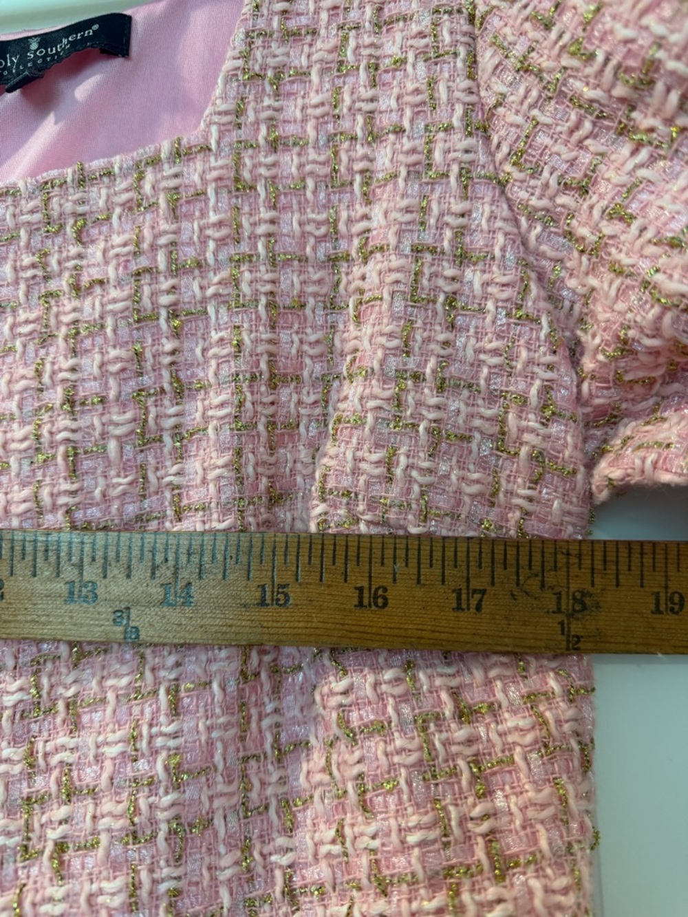 Simply Southern Pink Gold Tweed Tiered Women’s Dress with Puff Sleeves- Large - Picture 5 of 6